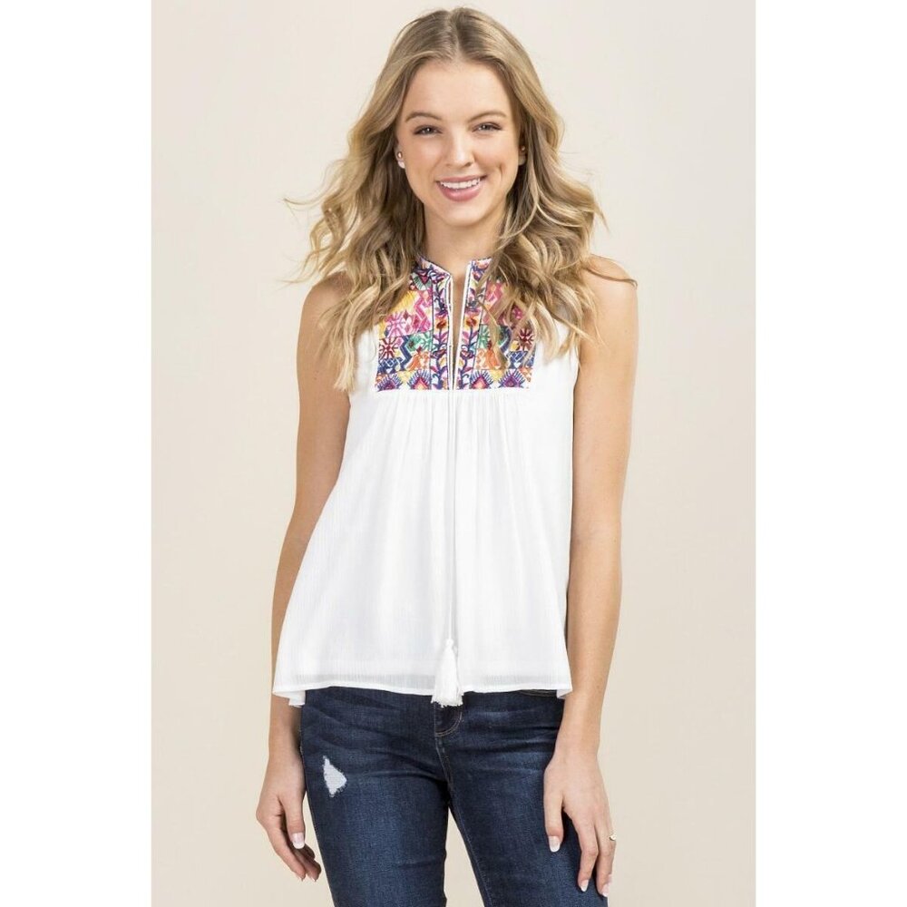Women Blue Rain Blair Embroidered Yoke Drop Ruffle Sleeveless White Top Size XS